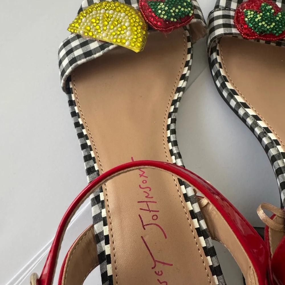 Betsey Johnson Red and Black Gingham Sandals with Beaded Fruit - Picture 3 of 4